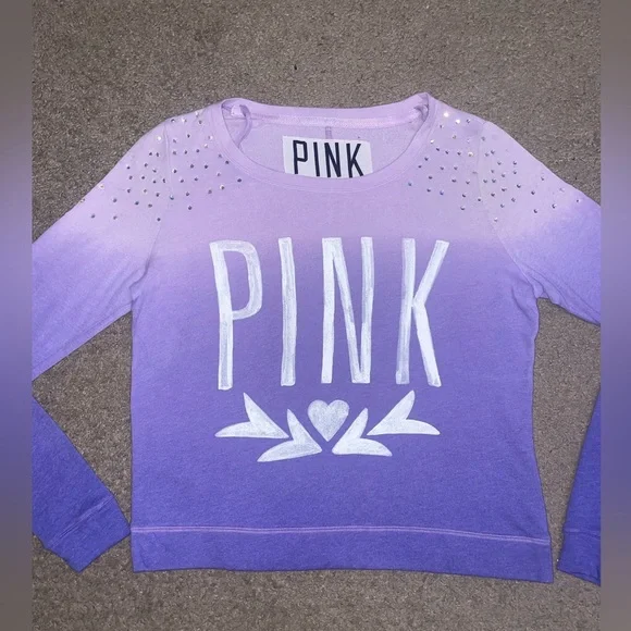 PINK Victoria’s Secret Long Sleeve Crew Neck Shirt Ombre with Rhinestones - Picture 3 of 15